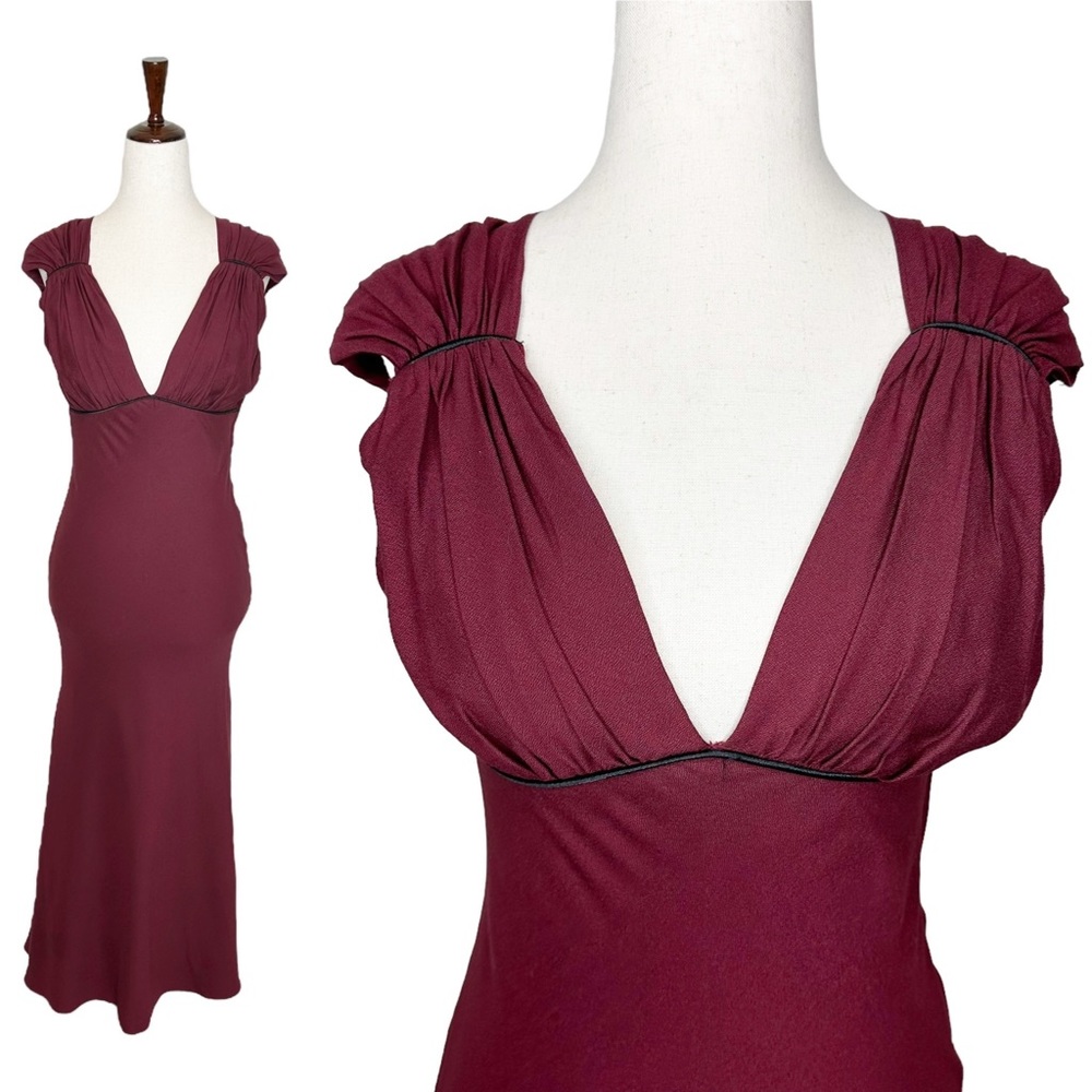Vintage 50s Old Hollywood Style Maroon Deep V Gathered Wiggle Midi Dress
